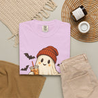 Halloween Ghost T-Shirt — Cute Ghost with Pumpkin & Coffee Graphic
