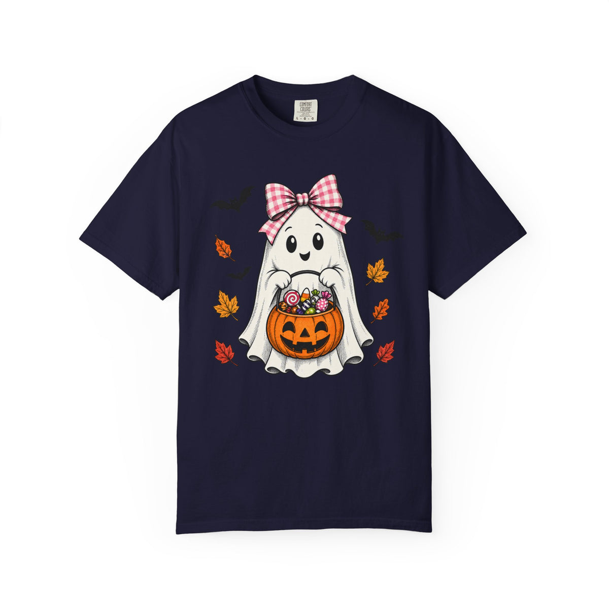 Cute Halloween Ghost T-Shirt — Trick-or-Treat Pumpkin & Bats