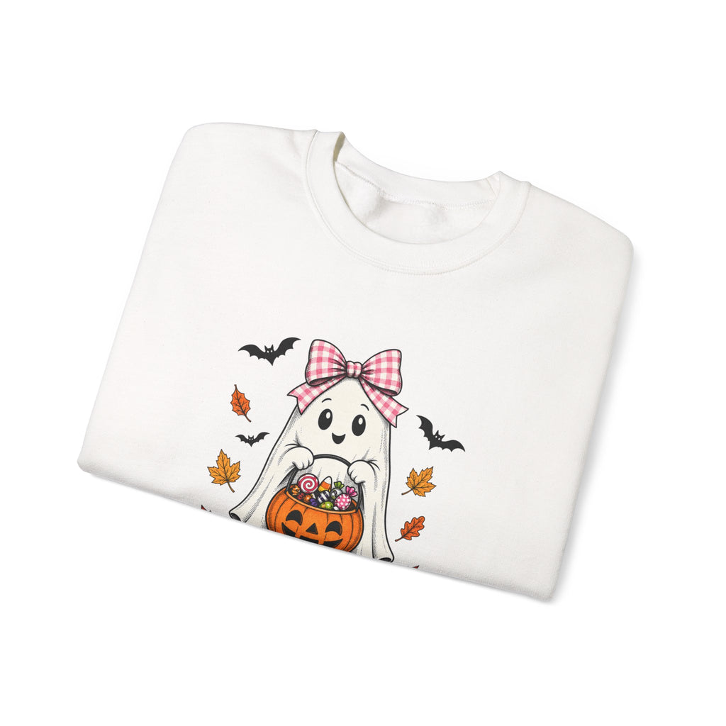 Cute Halloween Ghost Sweatshirt – Girl Ghost with Pumpkin Basket & Bats