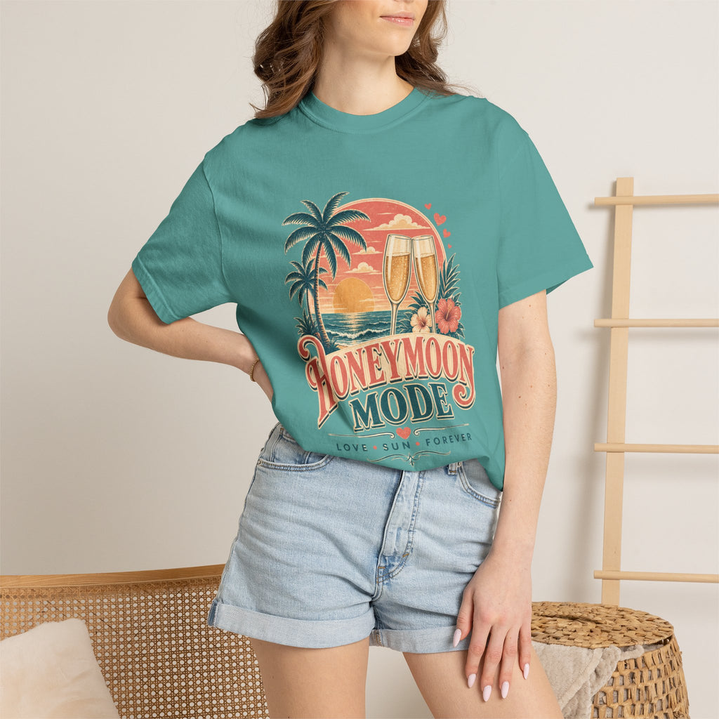 Honeymoon Mode T-Shirt — Tropical Sunset Couple Vacation Tee