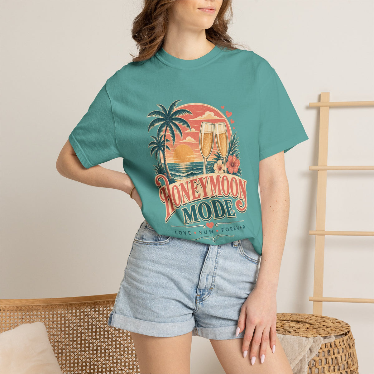 Honeymoon Mode T-Shirt — Tropical Sunset Couple Vacation Tee