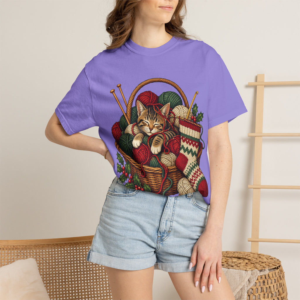 Cat in Yarn Basket T‑Shirt — Cozy Holiday Knitting Cat Tee