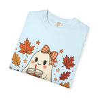Cute Ghost Pumpkin Drink Tee — Fall Leaves Graphic T-Shirt
