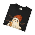 Halloween Ghost T-Shirt — Cute Ghost with Pumpkin & Coffee Graphic