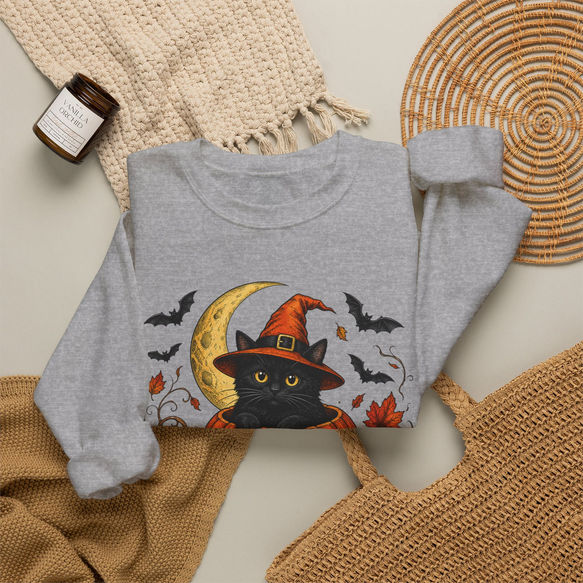 Halloween Black Cat Pumpkin Sweatshirt — Witch Hat, Moon & Bats Crewneck