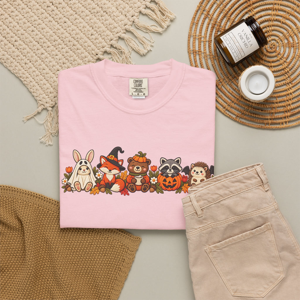 Halloween Critter Lineup T-Shirt — Cute Pumpkin, Witch & Bunny Spooky Crew