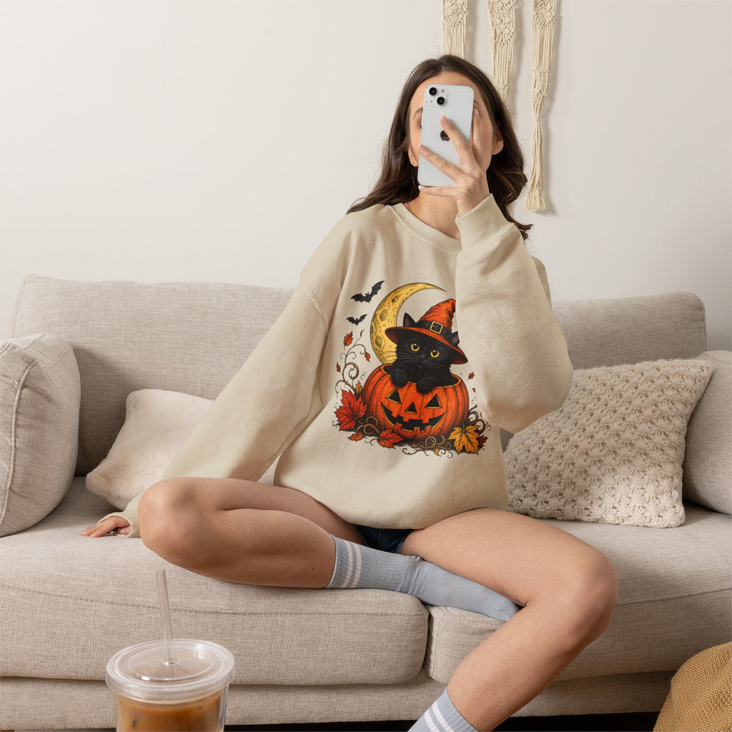 Halloween Black Cat Pumpkin Sweatshirt — Witch Hat, Moon & Bats Crewneck