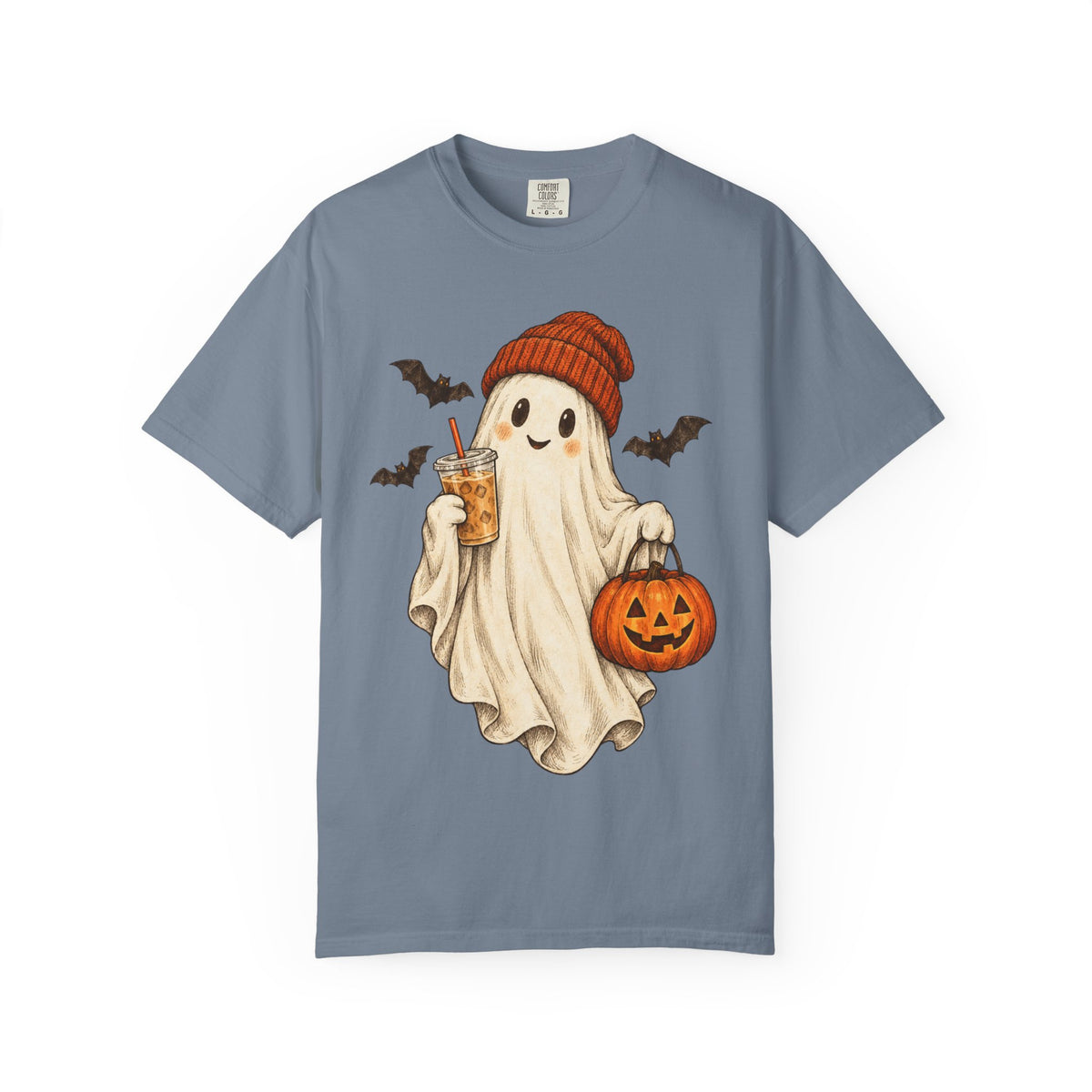 Halloween Ghost T-Shirt — Cute Ghost with Pumpkin & Coffee Graphic