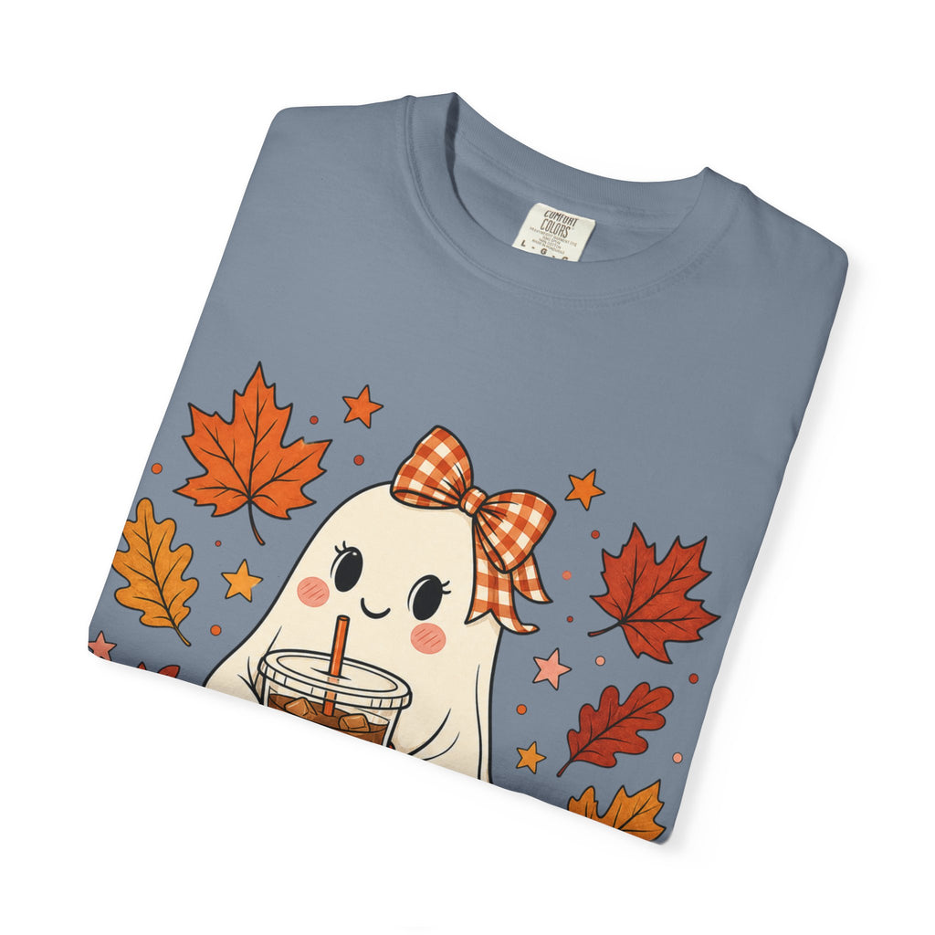 Cute Ghost Pumpkin Drink Tee — Fall Leaves Graphic T-Shirt