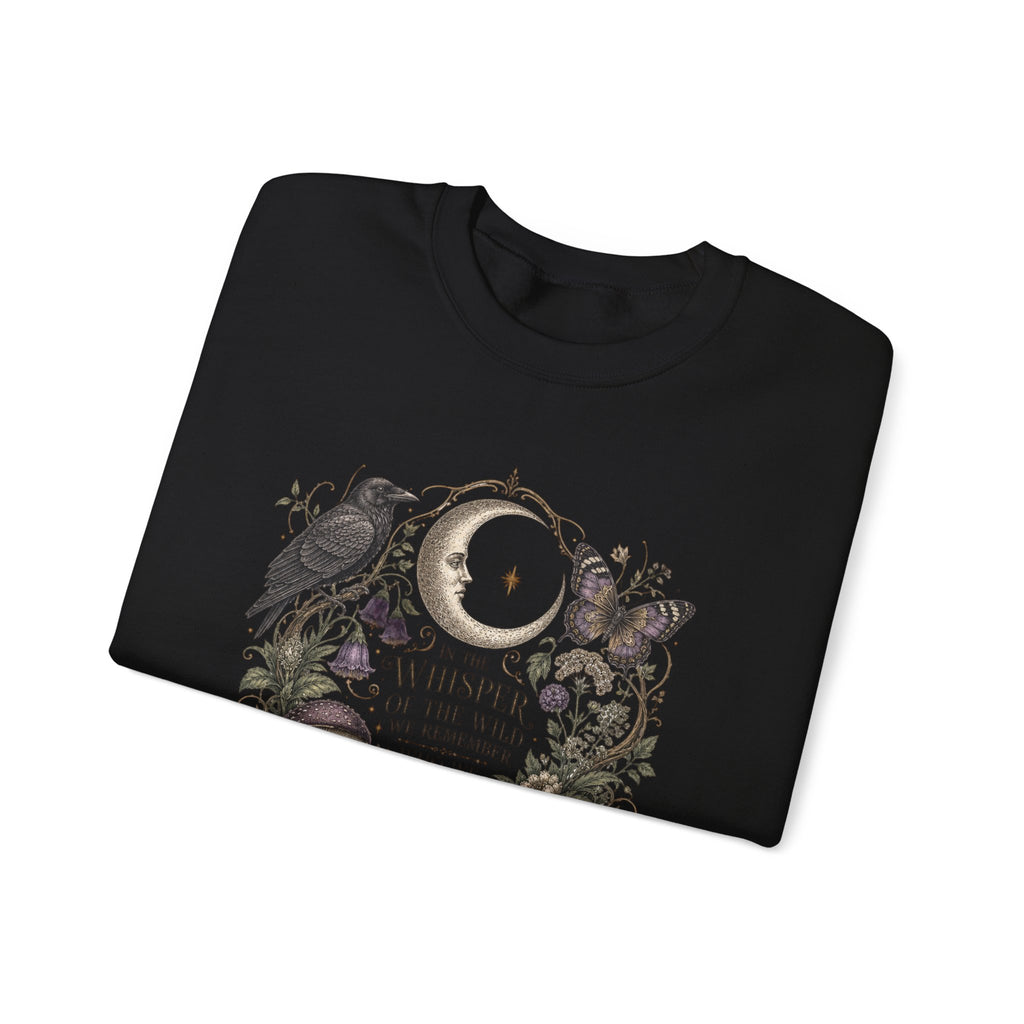Mystic Moon & Mushroom Crewneck Sweatshirt — "Whisper to the Wild" Nature Graphic