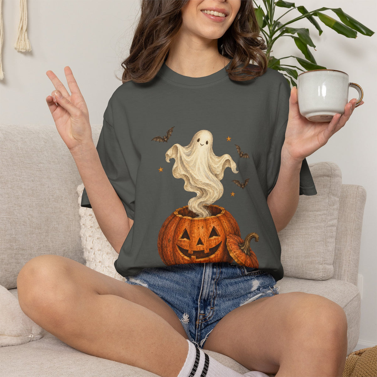 Halloween Ghost in Jack-O'-Lantern T-Shirt