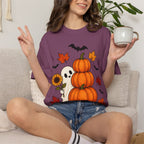 Halloween Pumpkin Stack T-Shirt — Cute Ghost, Sunflower & Falling Leaves Design
