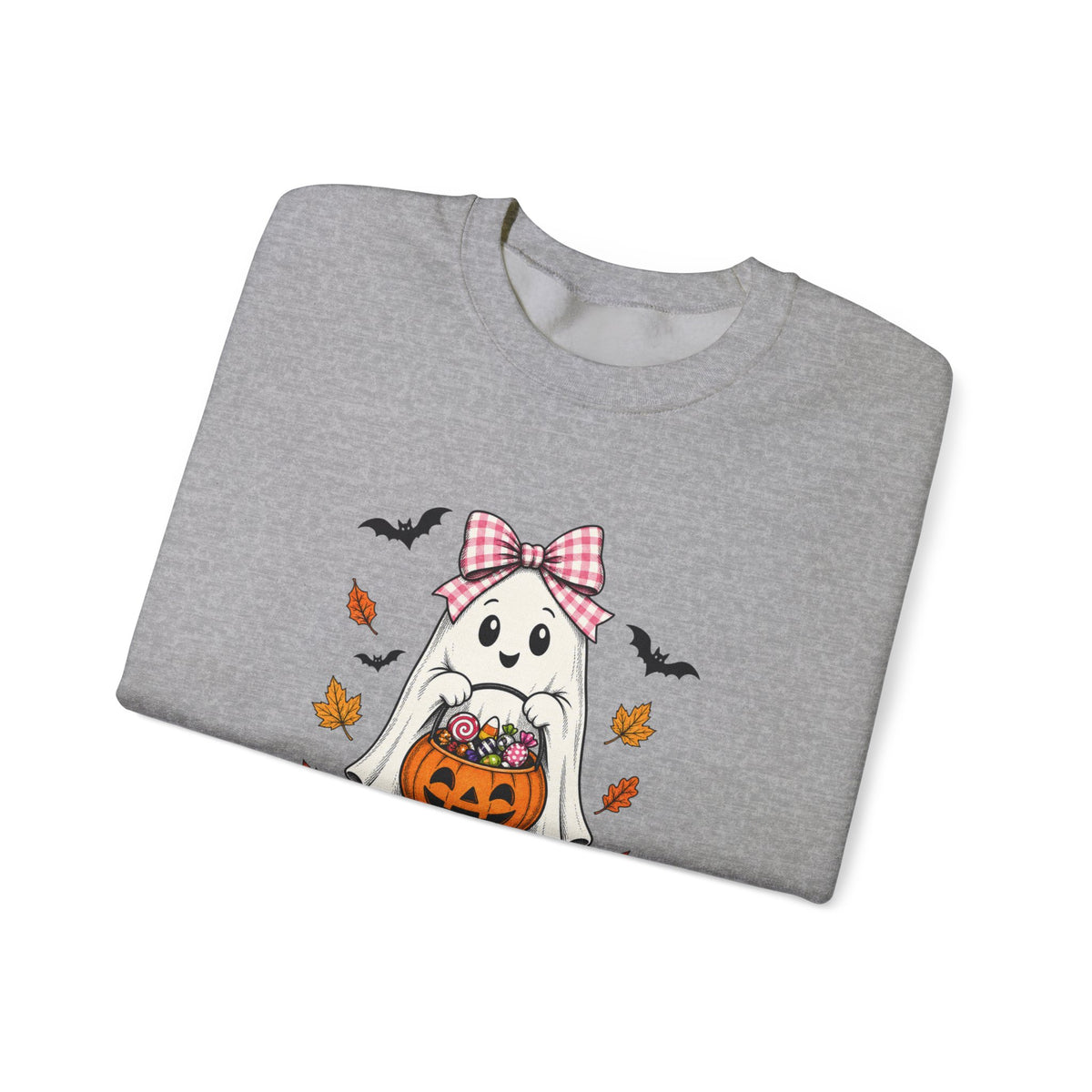 Cute Halloween Ghost Sweatshirt – Girl Ghost with Pumpkin Basket & Bats