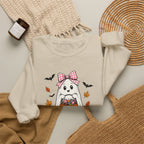 Cute Halloween Ghost Sweatshirt – Girl Ghost with Pumpkin Basket & Bats