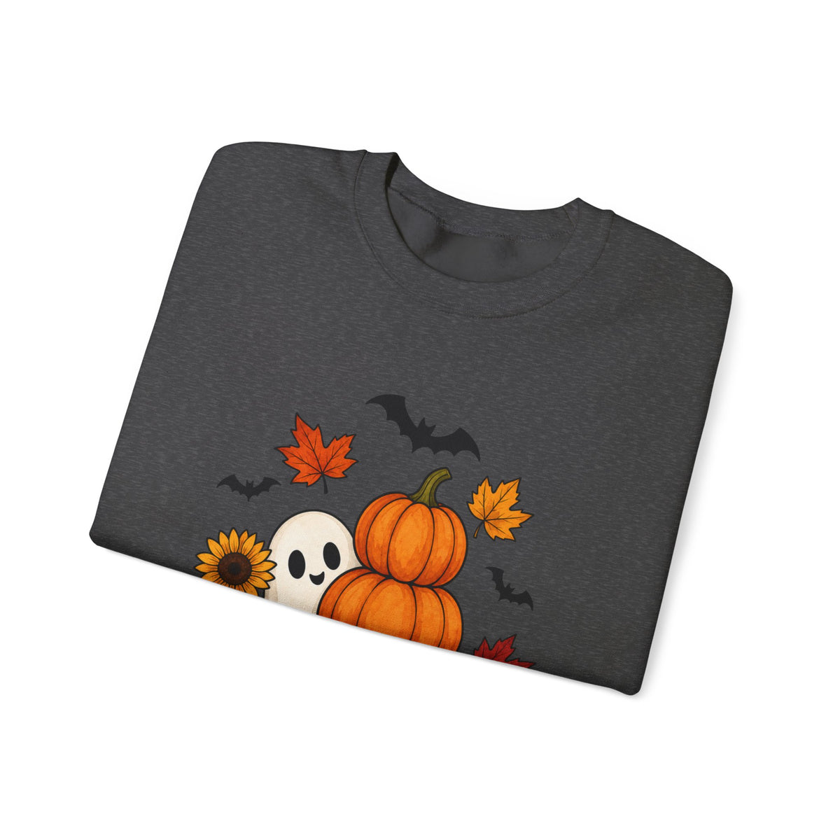 Halloween Pumpkin Stack Crewneck Sweatshirt — Ghost, Sunflower & Falling Leaves Design