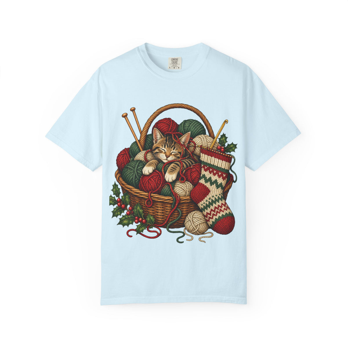 Cat in Yarn Basket T‑Shirt — Cozy Holiday Knitting Cat Tee