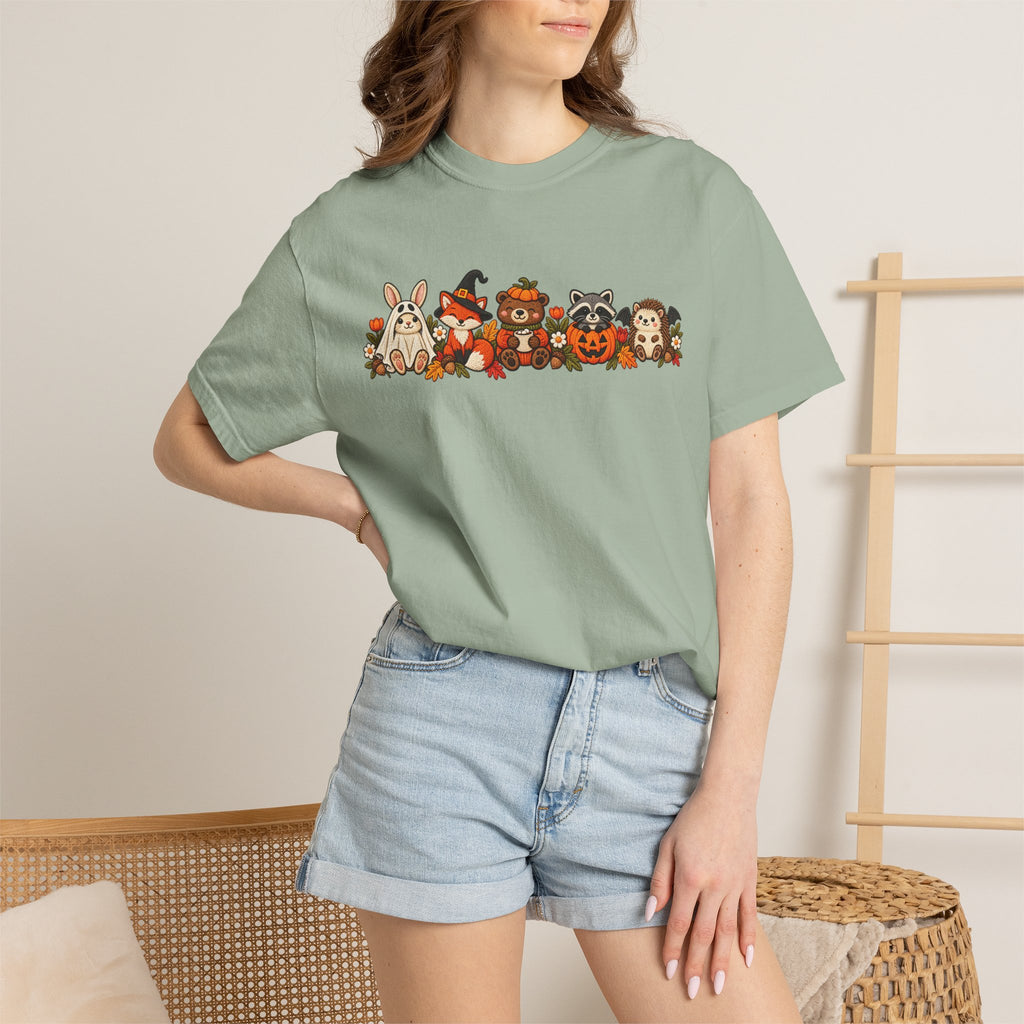 Halloween Critter Lineup T-Shirt — Cute Pumpkin, Witch & Bunny Spooky Crew