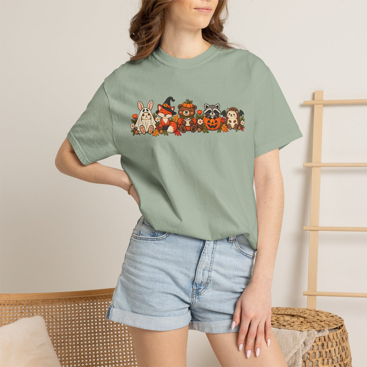 Halloween Critter Lineup T-Shirt — Cute Pumpkin, Witch & Bunny Spooky Crew
