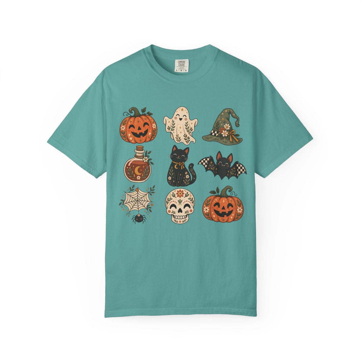 Halloween Icons T-Shirt — Cute Retro Pumpkins, Ghost, Cat & Skull Tee