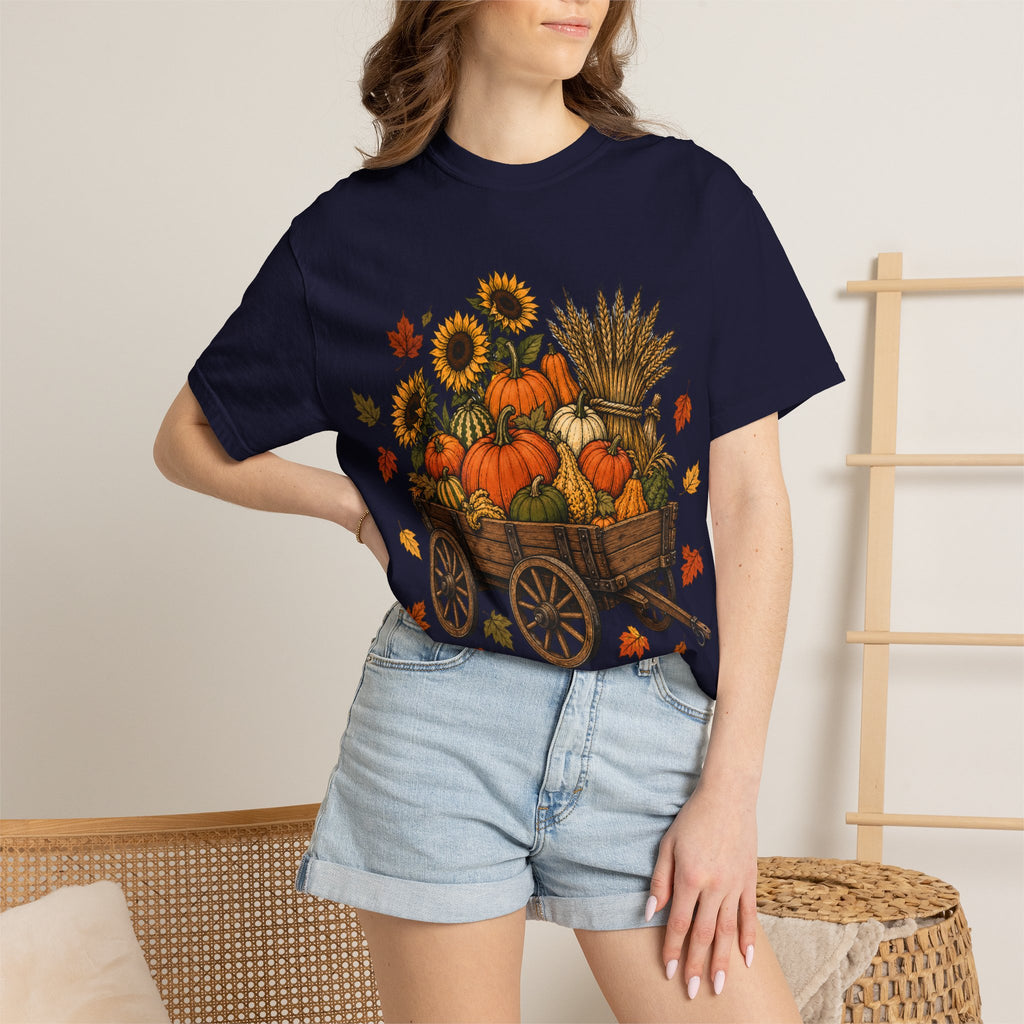 T-Shirt „Herbsternte-Wagen“ — Kürbis & Sonnenblume Herbst-T-Shirt