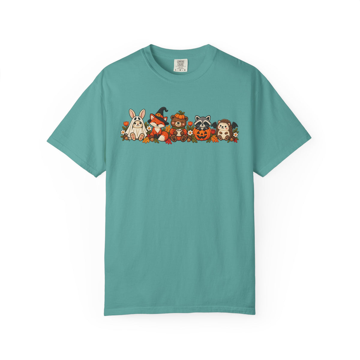 Halloween Critter Lineup T-Shirt — Cute Pumpkin, Witch & Bunny Spooky Crew