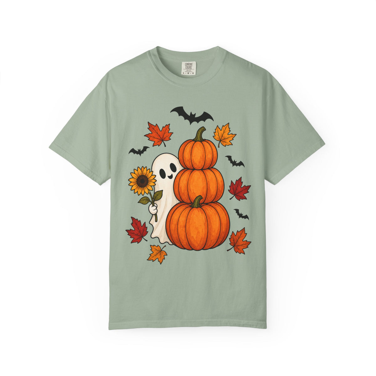 Halloween Pumpkin Stack T-Shirt — Cute Ghost, Sunflower & Falling Leaves Design