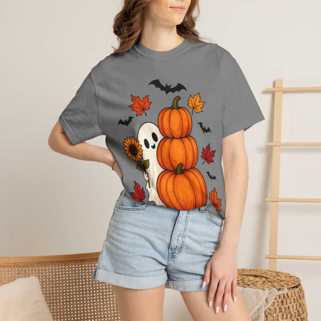 Halloween Pumpkin Stack T-Shirt — Cute Ghost, Sunflower & Falling Leaves Design