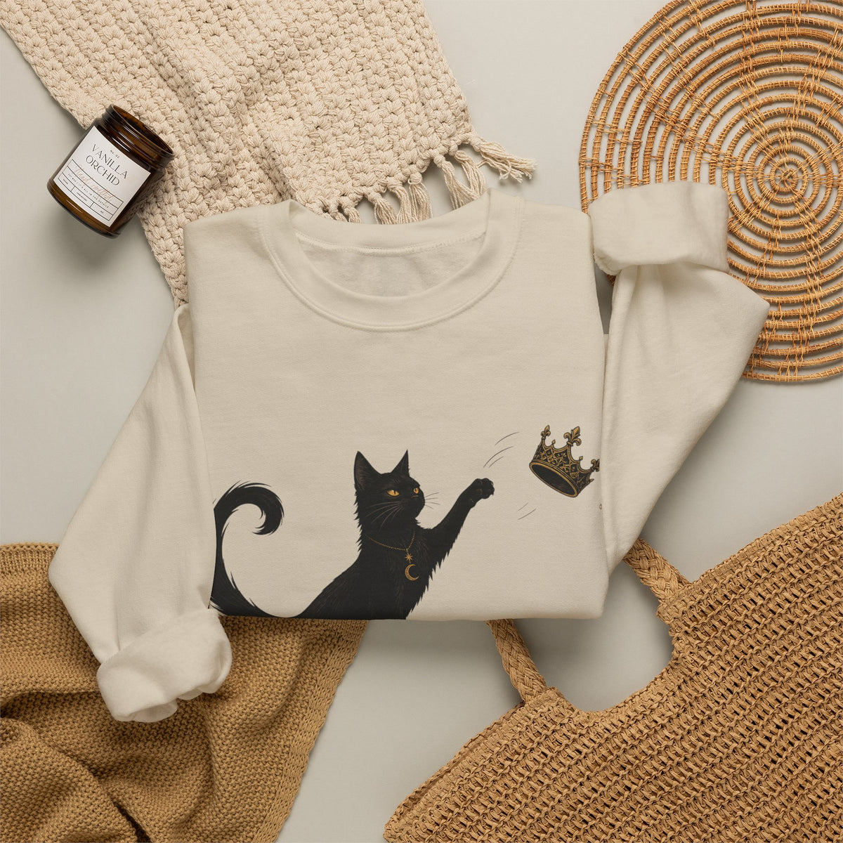 Cat with Crown Crewneck Sweatshirt — Playful Black Cat Graphic