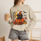Halloween Black Cat Pumpkin Sweatshirt — Witch Hat, Moon & Bats Crewneck