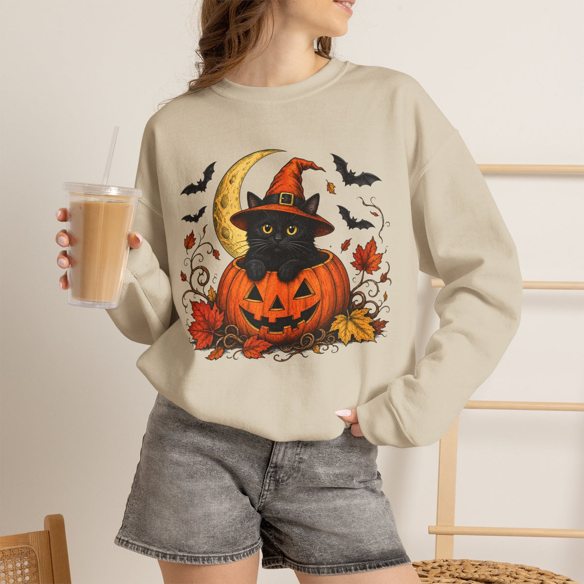 Halloween Black Cat Pumpkin Sweatshirt — Witch Hat, Moon & Bats Crewneck