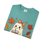 Cute Ghost Pumpkin Drink Tee — Fall Leaves Graphic T-Shirt