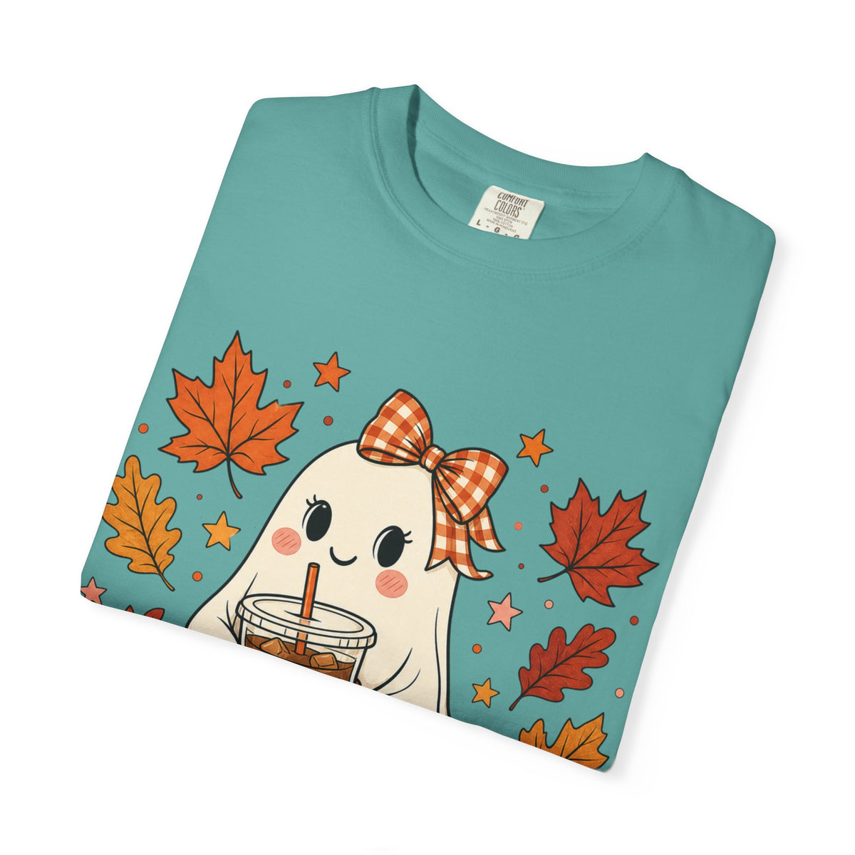 Cute Ghost Pumpkin Drink Tee — Fall Leaves Graphic T-Shirt
