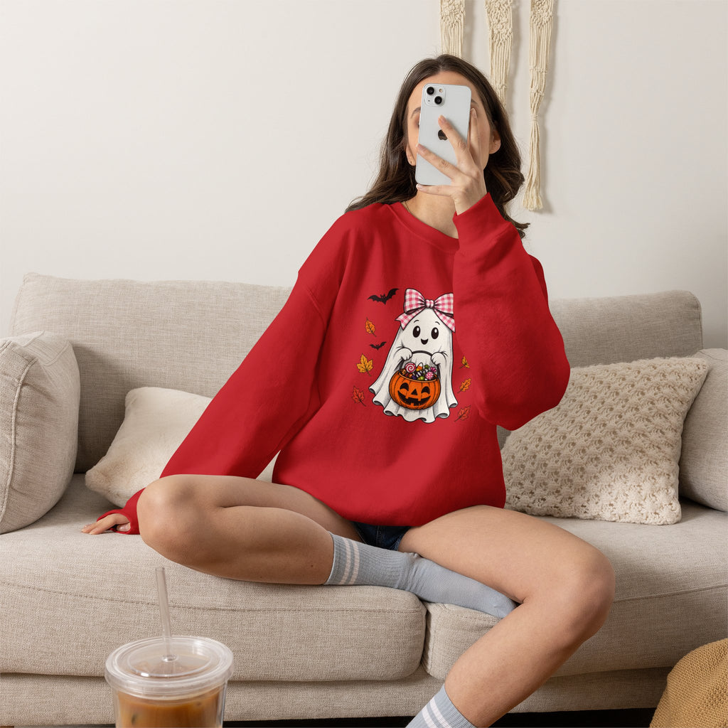 Cute Halloween Ghost Sweatshirt – Girl Ghost with Pumpkin Basket & Bats