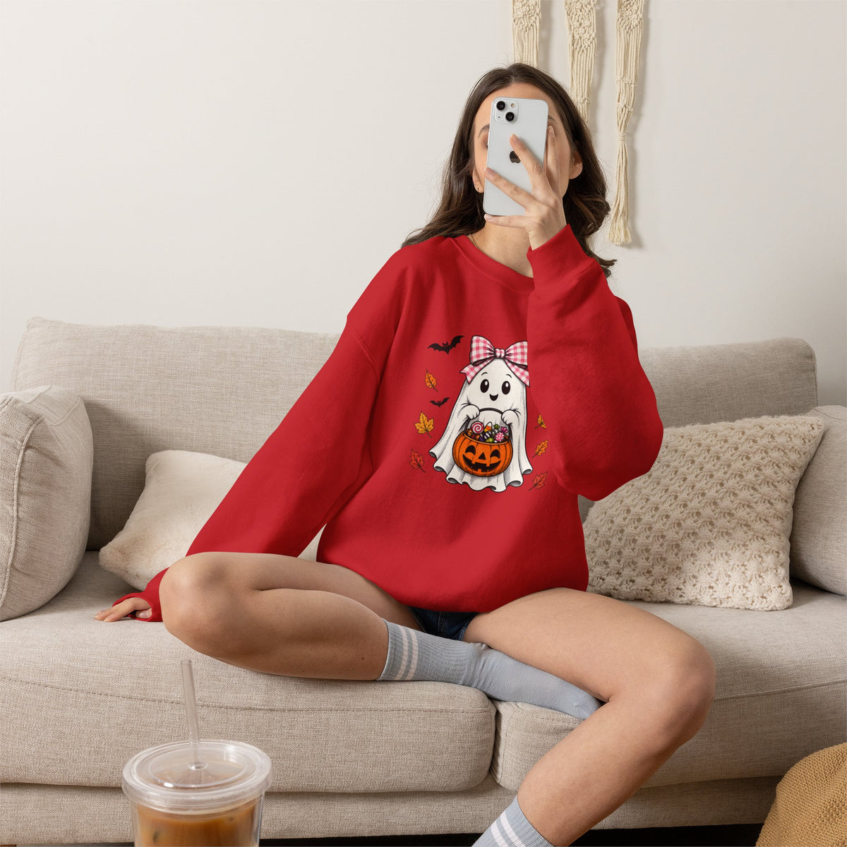 Cute Halloween Ghost Sweatshirt – Girl Ghost with Pumpkin Basket & Bats