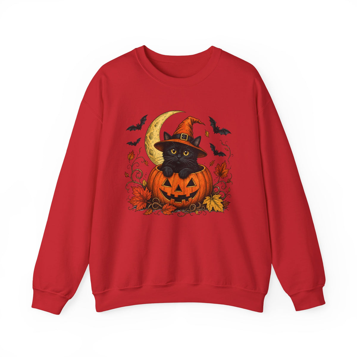 Halloween Black Cat Pumpkin Sweatshirt — Witch Hat, Moon & Bats Crewneck