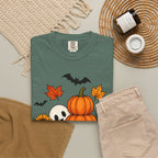 Halloween Pumpkin Stack T-Shirt — Cute Ghost, Sunflower & Falling Leaves Design