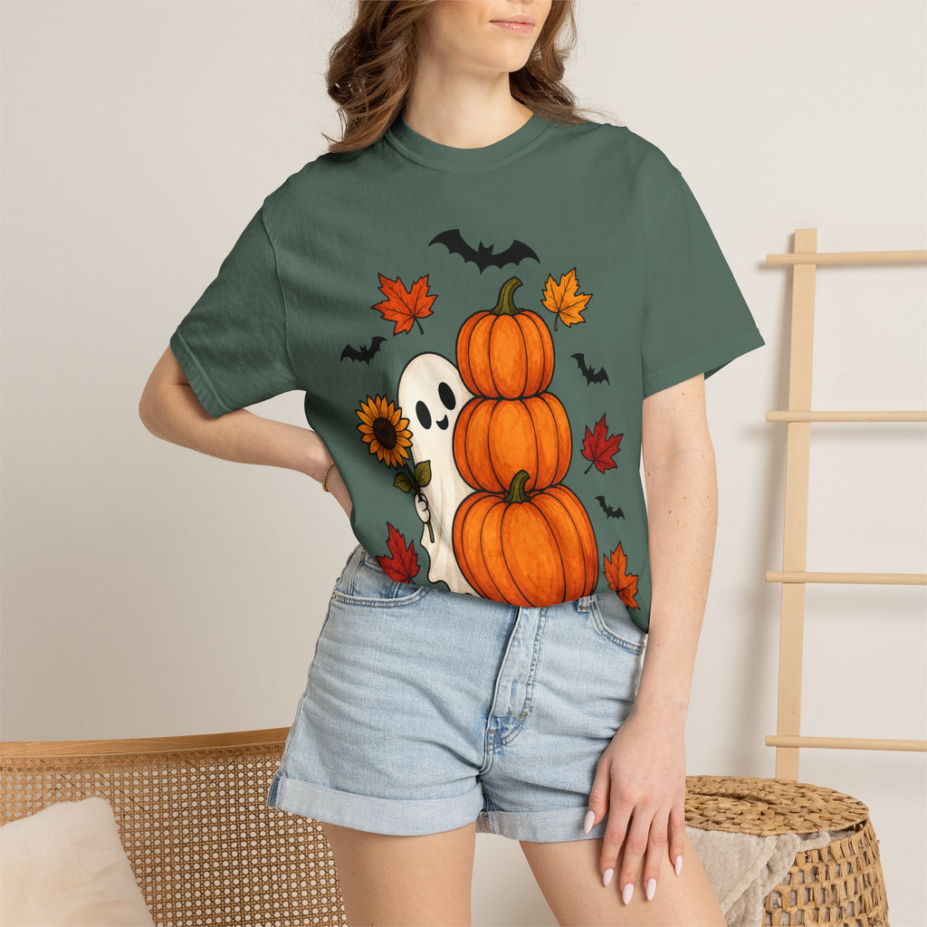 Halloween Pumpkin Stack T-Shirt — Cute Ghost, Sunflower & Falling Leaves Design