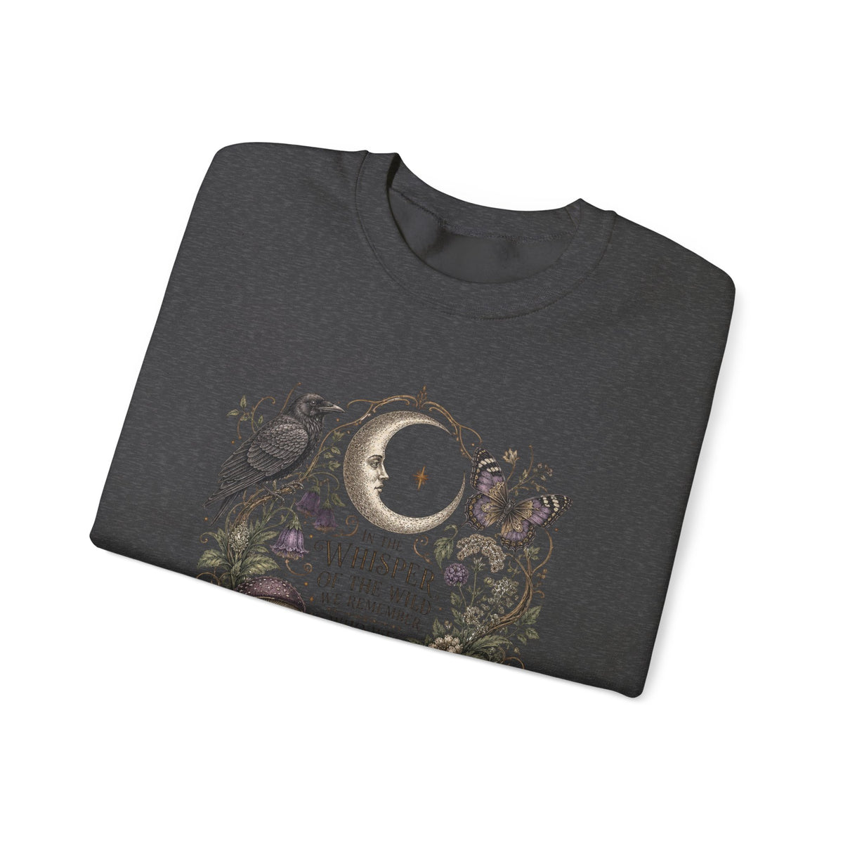 Mystic Moon & Mushroom Crewneck Sweatshirt — "Whisper to the Wild" Nature Graphic