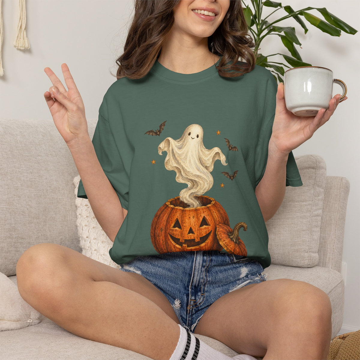 Halloween Ghost in Jack-O'-Lantern T-Shirt