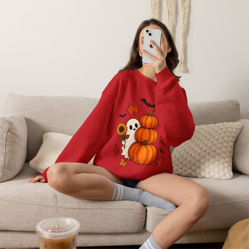 Halloween Pumpkin Stack Crewneck Sweatshirt — Ghost, Sunflower & Falling Leaves Design