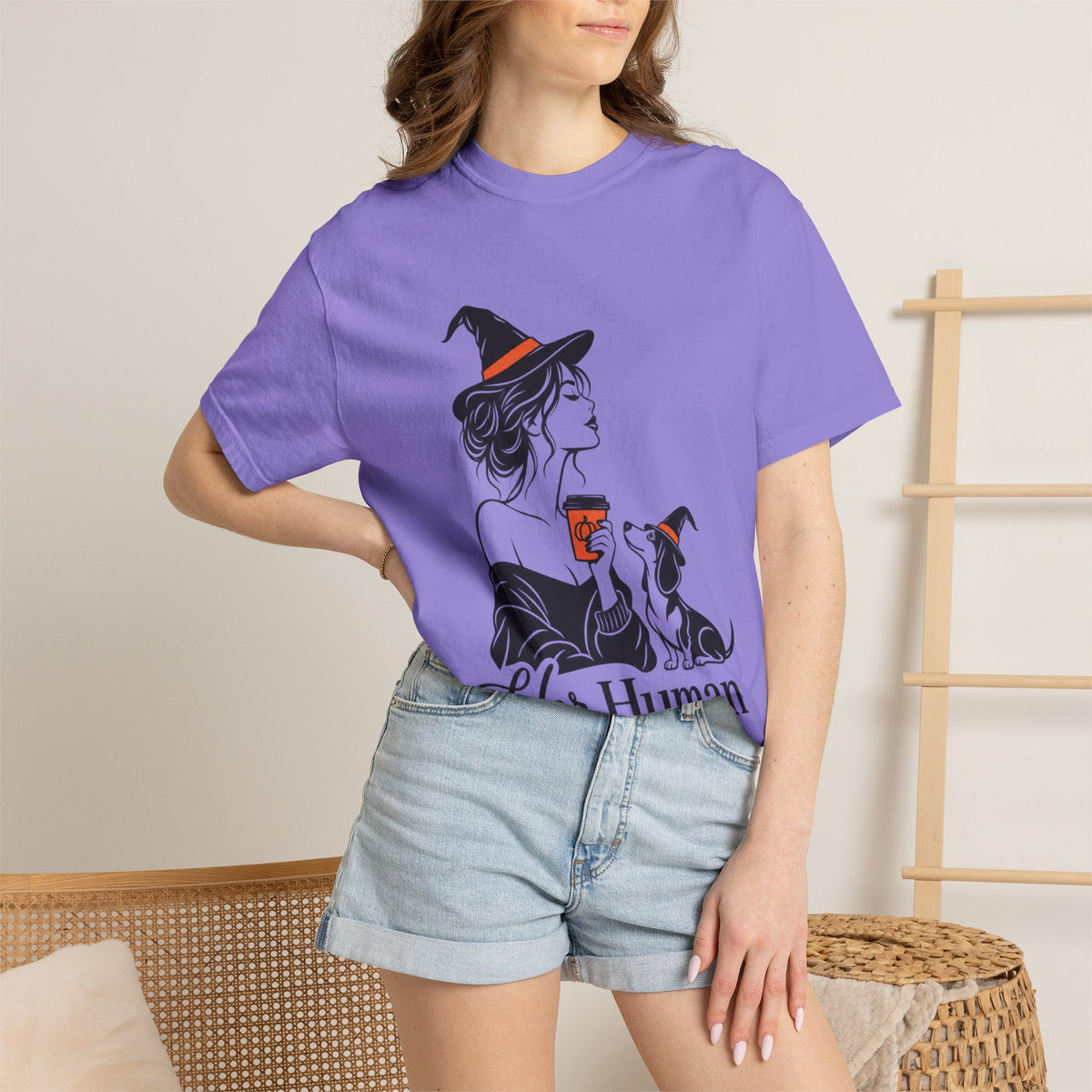 Her Human Witch Tee — Halloween Witch & Dog Graphic T-Shirt
