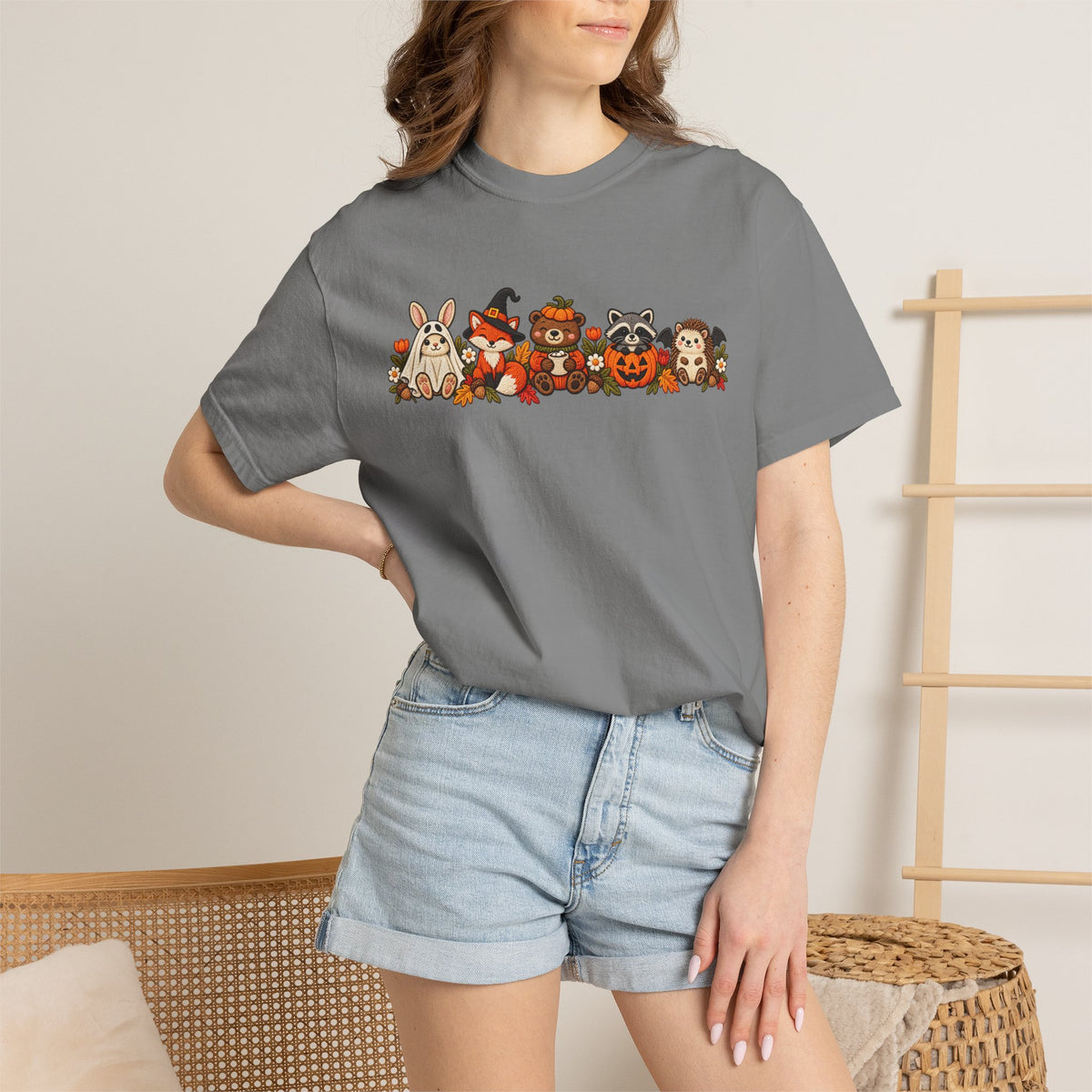 Halloween Critter Lineup T-Shirt — Cute Pumpkin, Witch & Bunny Spooky Crew