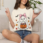 Cute Halloween Ghost T-Shirt — Trick-or-Treat Pumpkin & Bats