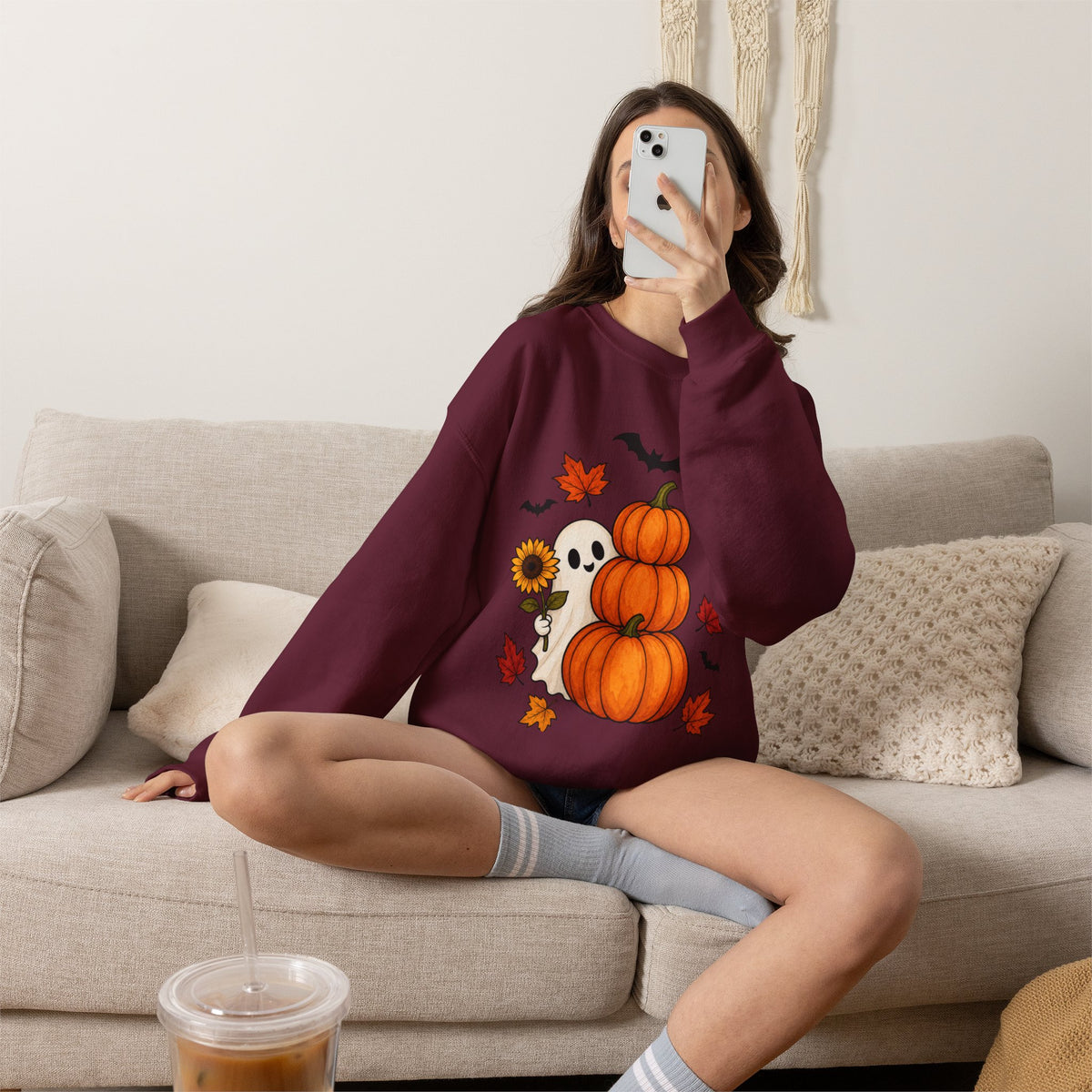 Halloween Pumpkin Stack Crewneck Sweatshirt — Ghost, Sunflower & Falling Leaves Design