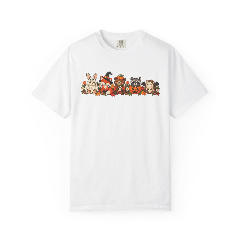 Halloween Critter Lineup T-Shirt — Cute Pumpkin, Witch & Bunny Spooky Crew