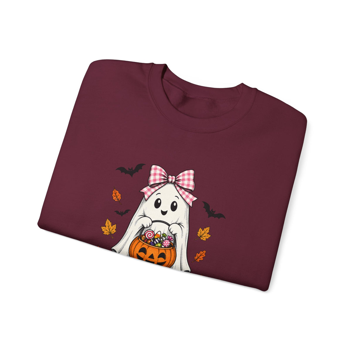 Cute Halloween Ghost Sweatshirt – Girl Ghost with Pumpkin Basket & Bats