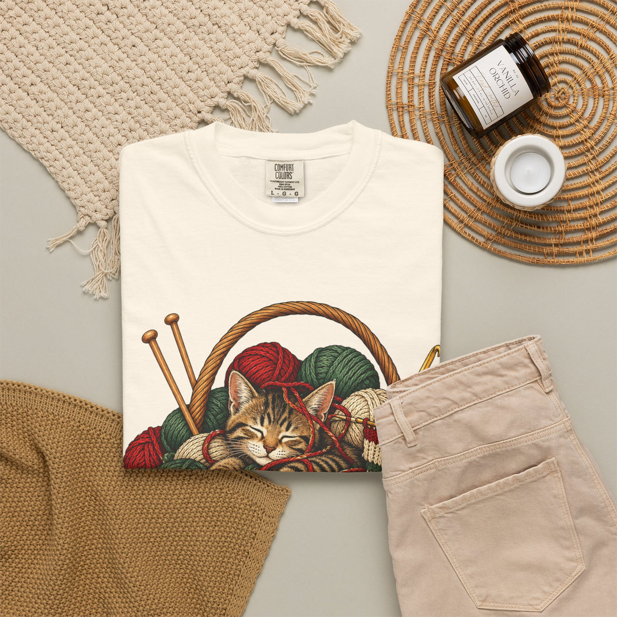 Cat in Yarn Basket T‑Shirt — Cozy Holiday Knitting Cat Tee