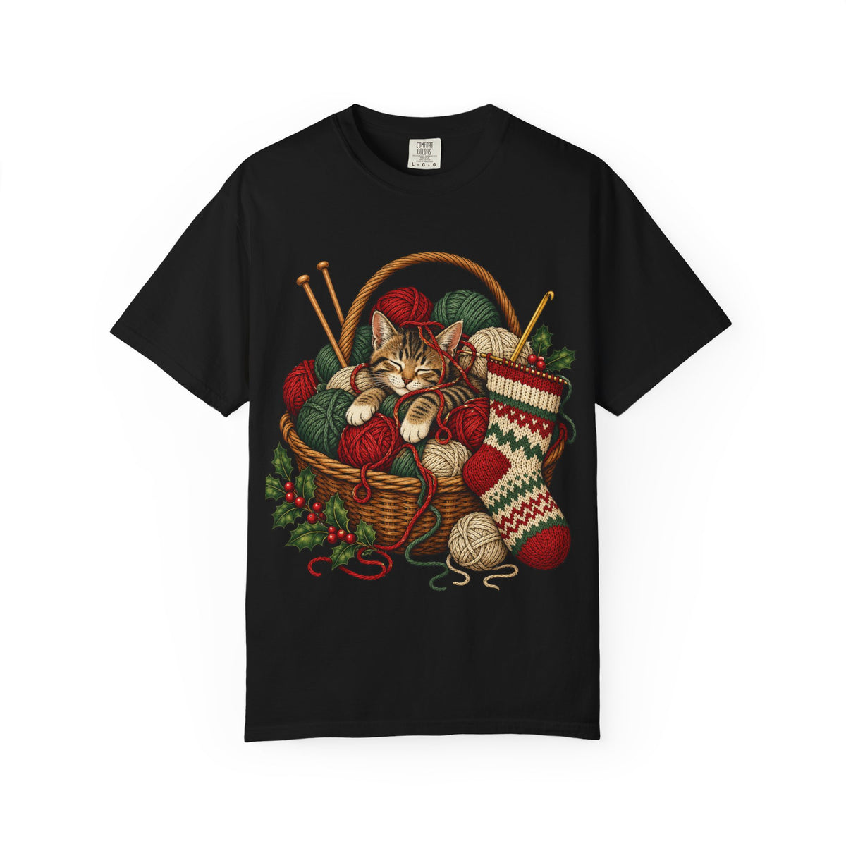 Cat in Yarn Basket T‑Shirt — Cozy Holiday Knitting Cat Tee