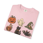Halloween-Icons T-Shirt — Niedliches Retro-T-Shirt mit Kürbissen, Geist, Katze & Totenkopf