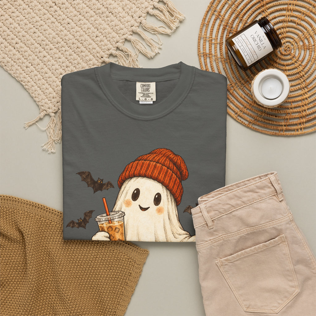 Halloween Ghost T-Shirt — Cute Ghost with Pumpkin & Coffee Graphic